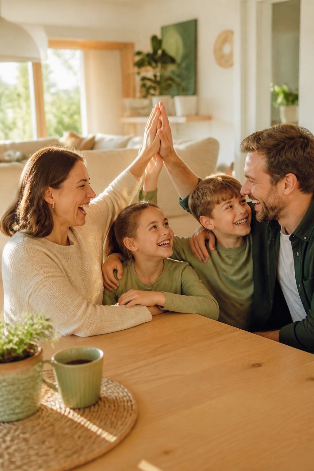 Parents and children smiling and sharing a high five