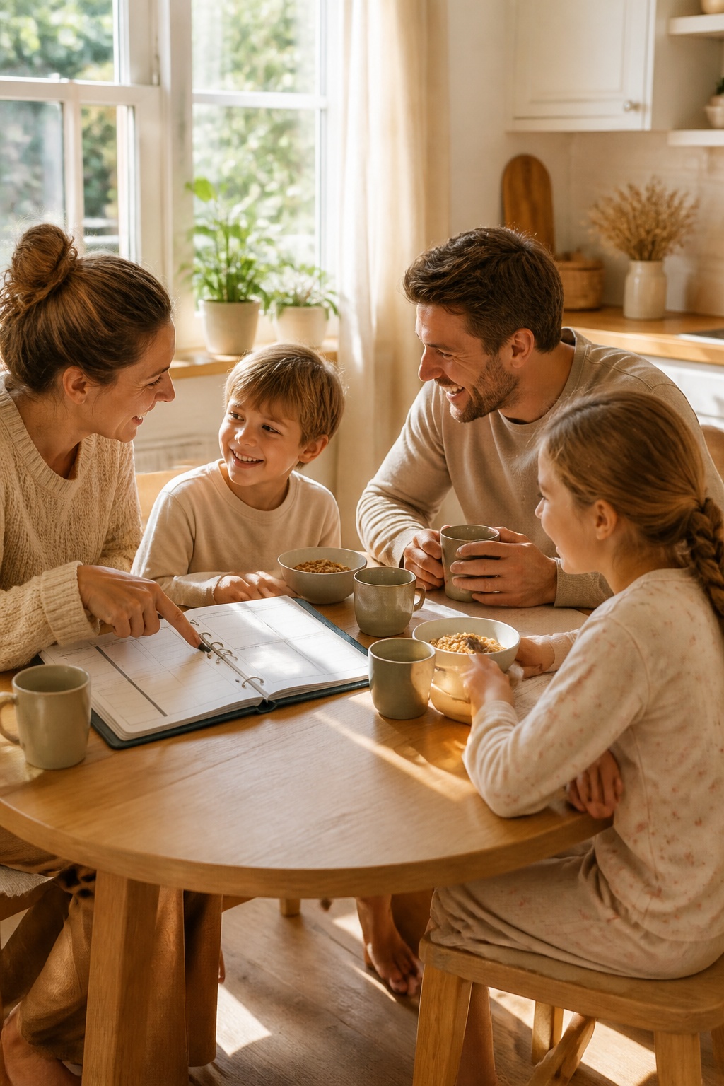Family sharing breakfast and planning their week around the kitchen table