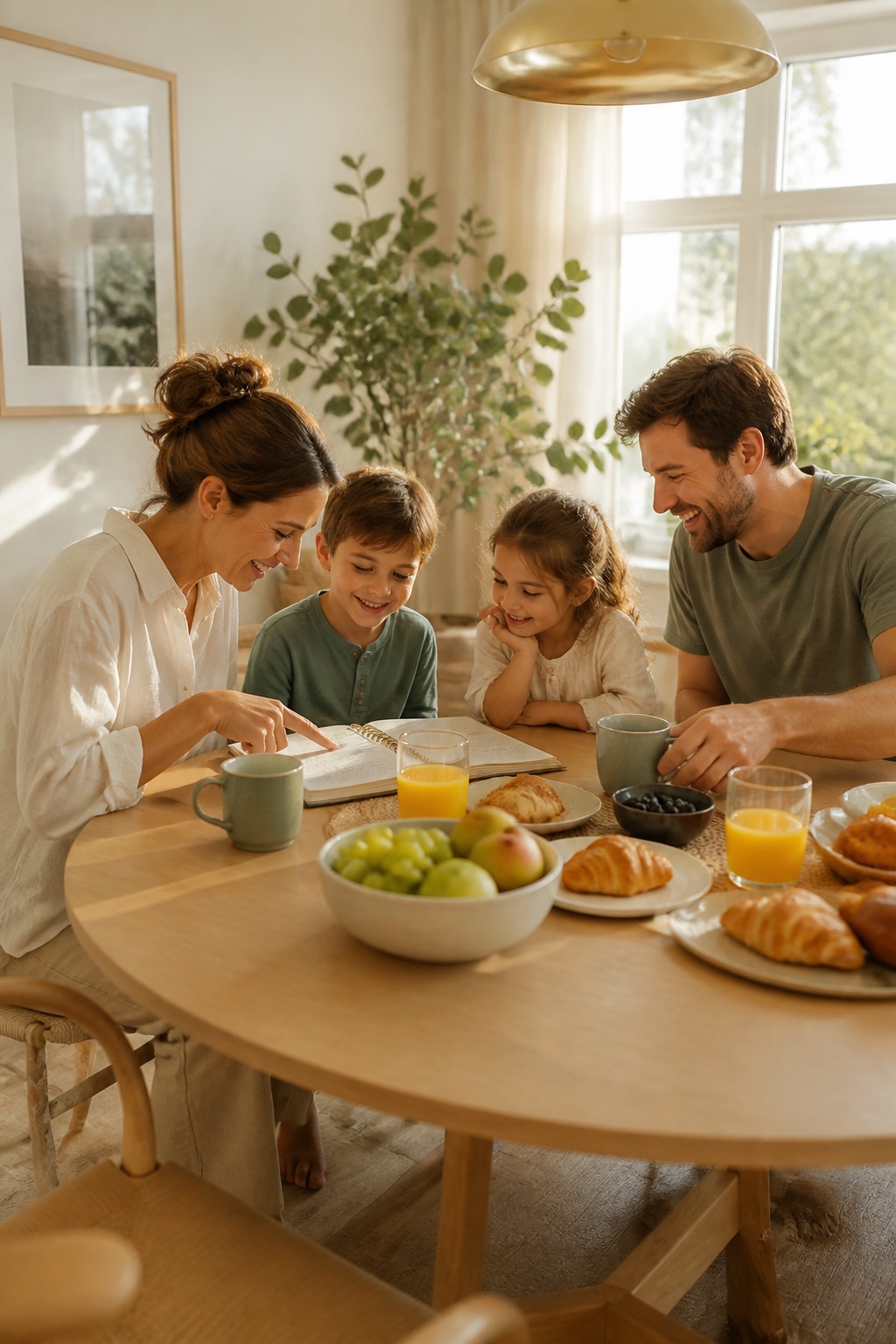 Parents and children looking at a planner over breakfast