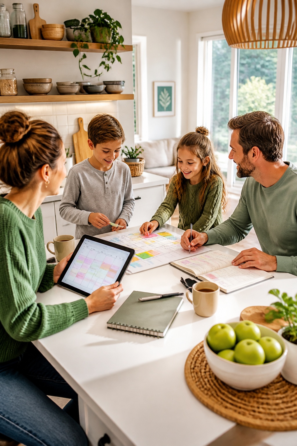 Family organizing a weekly calendar with sticky notes and a tablet